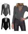 Sexy Women Bodycon Jumpsuit Solid Cross Bandage Long Sleeves Zipper Casual Playsuit Rompers Black/Grey