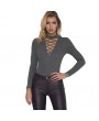 Sexy Women Bodycon Jumpsuit Solid Cross Bandage Long Sleeves Zipper Casual Playsuit Rompers Black/Grey