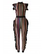 Women Bodycon Striped Jumpsuit Ruffle Sleeveless Zip Slim Romper Body Suits