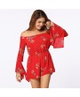 Sexy Women Jumpsuit Floral Print Off Shoulder Backless Long Sleeves Casual Holiday Playsuit Rompers Red