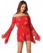 Sexy Women Jumpsuit Floral Print Off Shoulder Backless Long Sleeves Casual Holiday Playsuit Rompers Red