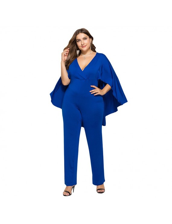 Fashion Women Plus Size Jumpsuit Plunge V Neck Batwing Sleeve Cape Back Long Pants Playsuit Rompers Black/Burgundy/ Royal Blue