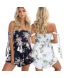 Sexy Women Backless Floral Print Jumpsuit Off The Shoulder Elastic Drawstring Romper Playsuit Beach Party Short Overalls White/Blue