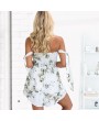 Sexy Women Backless Floral Print Jumpsuit Off The Shoulder Elastic Drawstring Romper Playsuit Beach Party Short Overalls White/Blue