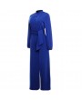 Women Jumpsuit Solid Color Stand Collar Long Sleeve Buttons High Elastic Waist Tie Wide Legs Party Wear
