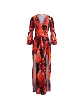 Sexy Women Deep V Neck Jumpsuit Leaves Print Belled 3/4 Sleeves High Low Dress Playsuit Rompers